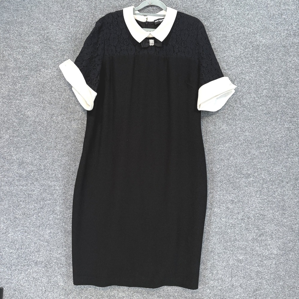Karl Lagerfeld Dress Womens 16 Black Lace Yoke Pearl Bow Peter Pan Collar Sheath